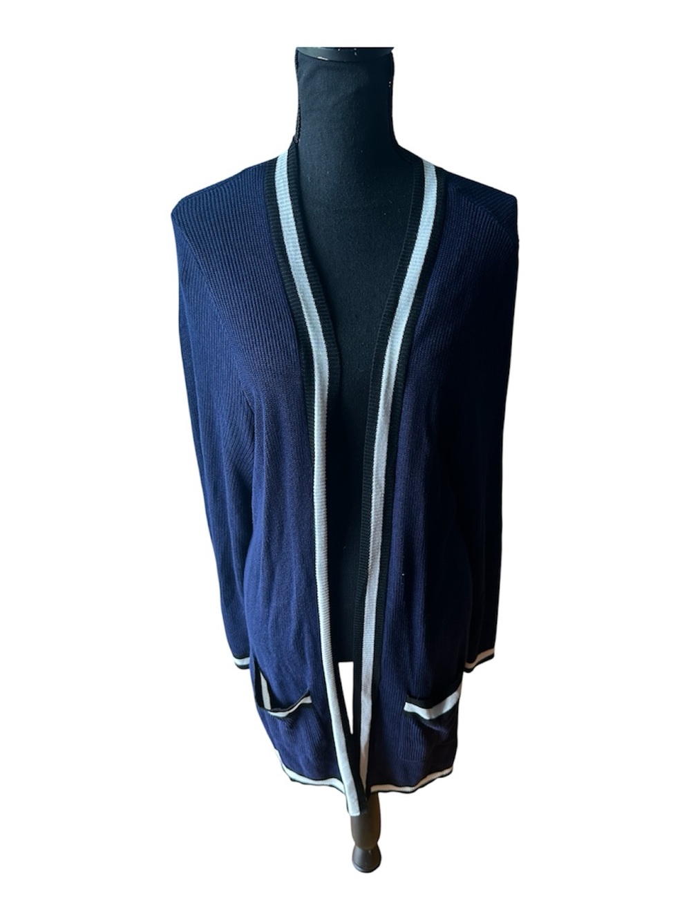 Torrid Navy Ribbed Varsity Cardigan Striped Trim Open Front Sweater 3X Chic